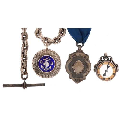 2674 - Silver jewellery comprising watch chain with T bar, compass fob and two sports jewels, total 42.0g