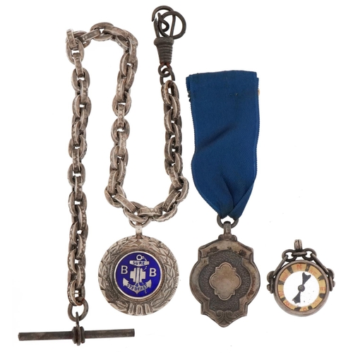 2674 - Silver jewellery comprising watch chain with T bar, compass fob and two sports jewels, total 42.0g