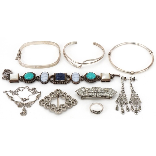 2677 - Silver and white metal jewellery including a semi precious stone bracelet, Art Deco style two piece ... 