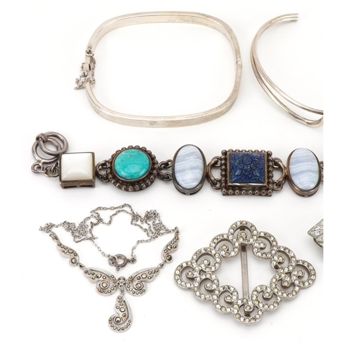 2677 - Silver and white metal jewellery including a semi precious stone bracelet, Art Deco style two piece ... 