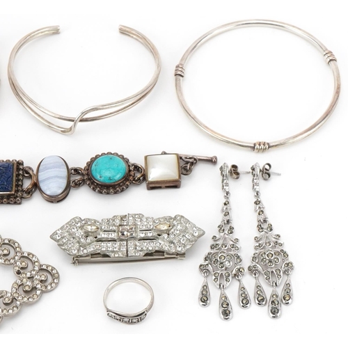 2677 - Silver and white metal jewellery including a semi precious stone bracelet, Art Deco style two piece ... 