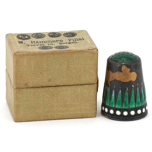 340 - Marius Hammer, Norwegian 930S sterling silver and enamel thimble with green hardstone top and box, 2... 