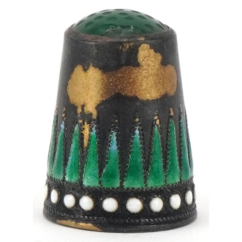 340 - Marius Hammer, Norwegian 930S sterling silver and enamel thimble with green hardstone top and box, 2... 