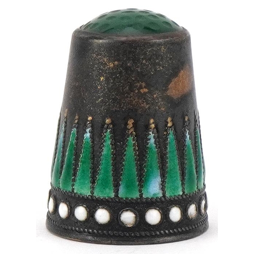 340 - Marius Hammer, Norwegian 930S sterling silver and enamel thimble with green hardstone top and box, 2... 