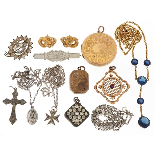 2690 - Antique and later jewellery including two 9ct gold back and front lockets, Edwardian gold plated ope... 