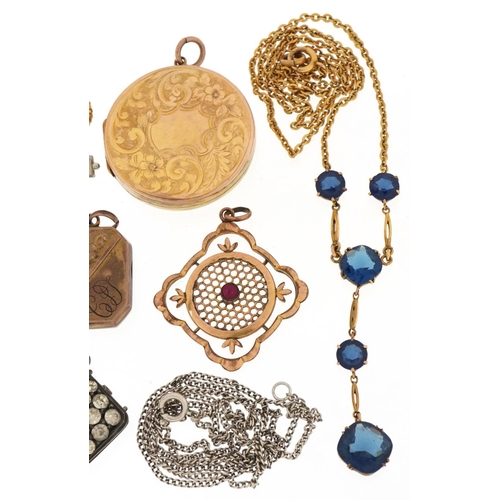 2690 - Antique and later jewellery including two 9ct gold back and front lockets, Edwardian gold plated ope... 