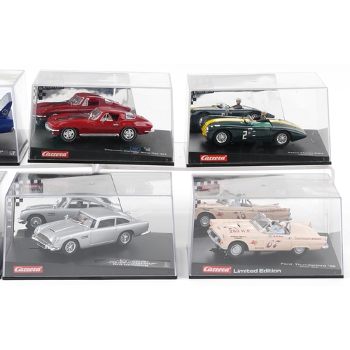 1636 - Six Carrera Evolution slot cars with cases comprising Aston Martin DB3, Chevrolet Corvette Stingray ... 