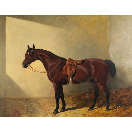 J F Herring Sen. 1846 - Bobby, horse in a stable, oil onto mahogany panel mounted in gilt frame, 45cm x 34cmexcluding the mount and frame