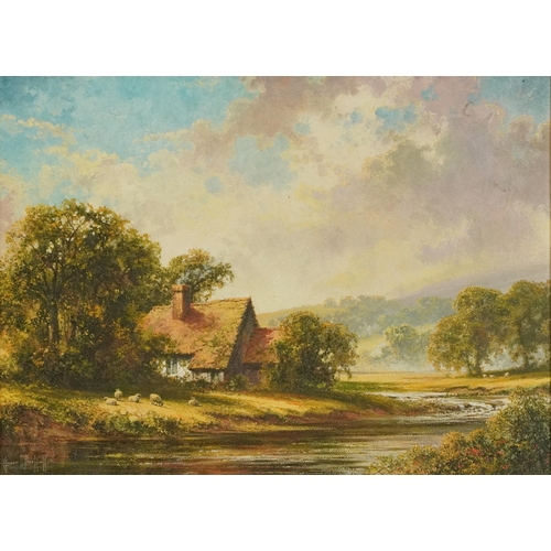 283 - Jason Threlfall - Rural landscape, sheep by cottage and river, oil on canvas, mounted in a gilt fram... 