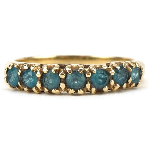 2464 - 9ct gold blue topaz half eternity ring, size S, 3.3g