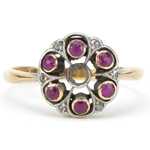 2082 - Art Deco 18ct gold ruby and diamond cluster ring, size O, 2.8g