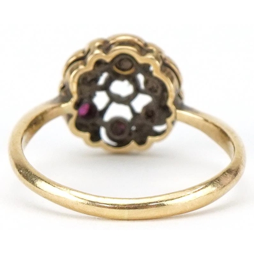 2082 - Art Deco 18ct gold ruby and diamond cluster ring, size O, 2.8g