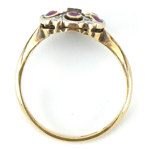 2082 - Art Deco 18ct gold ruby and diamond cluster ring, size O, 2.8g