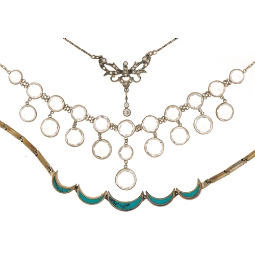 2688 - Three silver necklaces set with stones including turquoise and crystal, total 39.8g