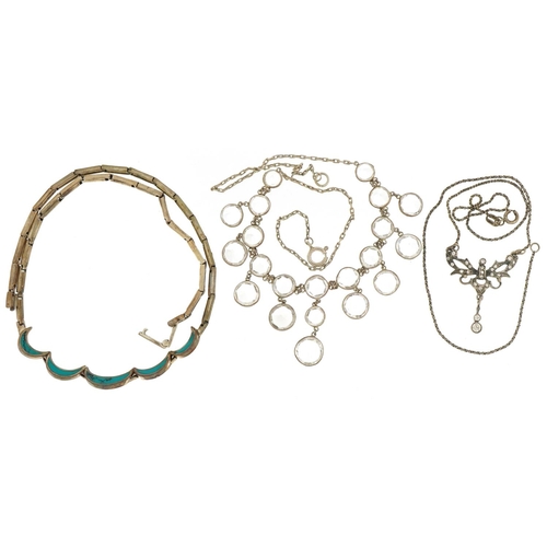 2688 - Three silver necklaces set with stones including turquoise and crystal, total 39.8g