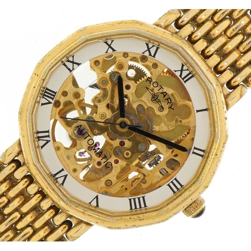 2349 - Rotary, gentlemen's gold plated automatic wristwatch having skeleton dial with Roman numerals, 32mm ... 