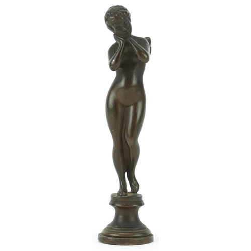 476A - Victorian bronze winged maiden desk seal, 9cm high