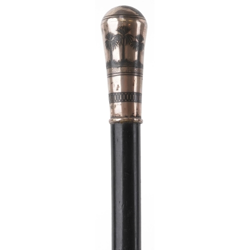 365 - Middle Eastern ebony silver topped walking stick with view of the Nile, 90cm in length