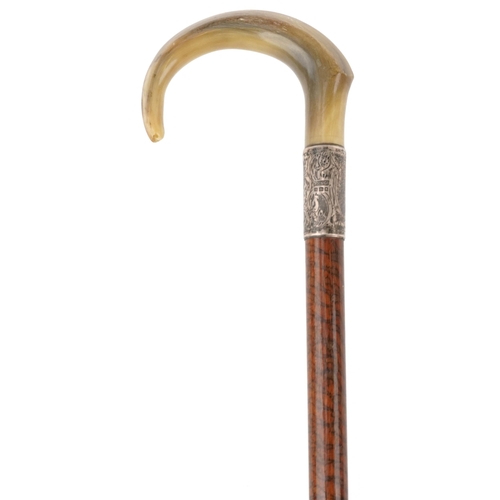 362 - Victorian striped wood walking stick cane with horn handle and silver mount, BM & Co, 92cm in length