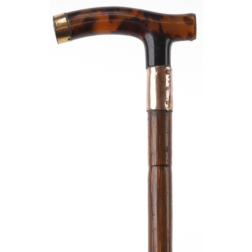 360 - Victorian bamboo cane gold mounted walking stick with tortoiseshell handle and 9ct gold mount, 89cm ... 