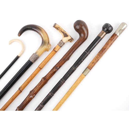 372 - Five walking sticks to include including a gnarled wood club style, two horn handled, possibly rhino... 