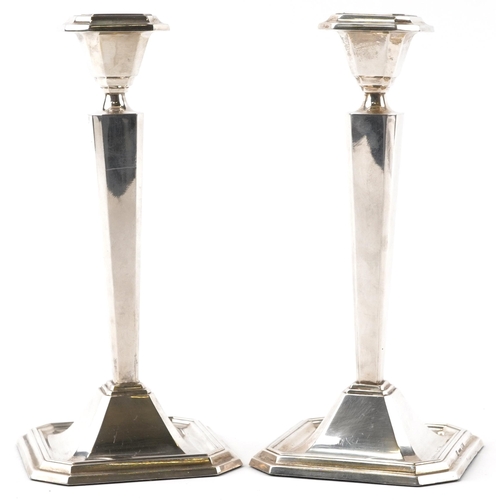 157 - Pair of continental 925S sterling silver tapering candlesticks, possibly Danish, each numbered 53, e... 