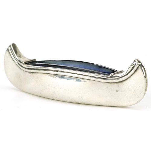 159 - Adie & Lovekin Ltd, Edwardian silver open table salt in the form of a boat, with blue glass liner, B... 