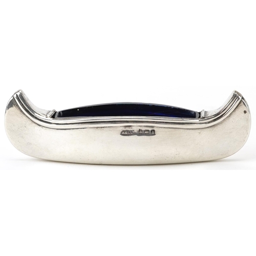 159 - Adie & Lovekin Ltd, Edwardian silver open table salt in the form of a boat, with blue glass liner, B... 