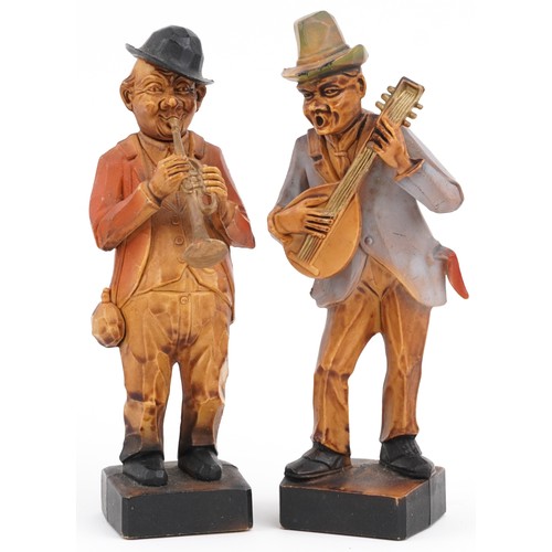 320 - Pair of hand painted European carved wooden statues of musicians, each 15cm high