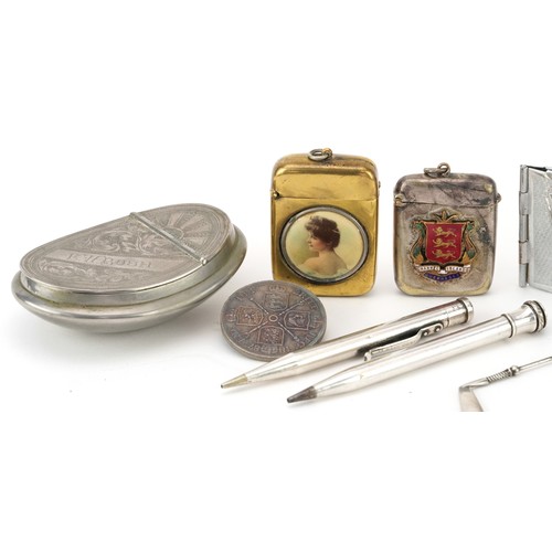 325 - Propelling pencils including a silver example, vestas including an enamelled example for The Channel... 