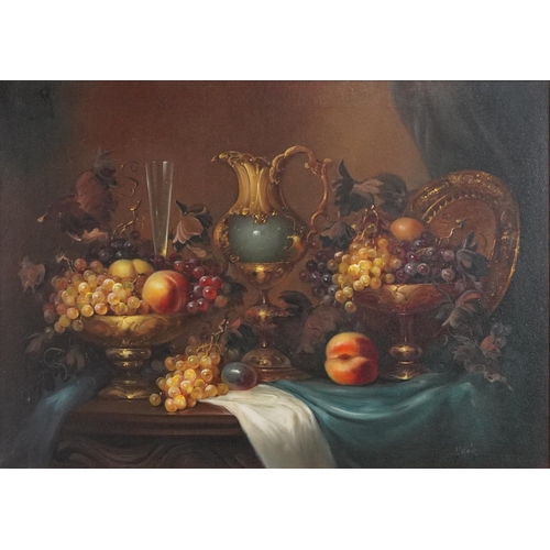 350 - Deak - Still life fruit on a table, Old Master style oil on canvas, in a gilt frame, 70cm x 50cm and... 