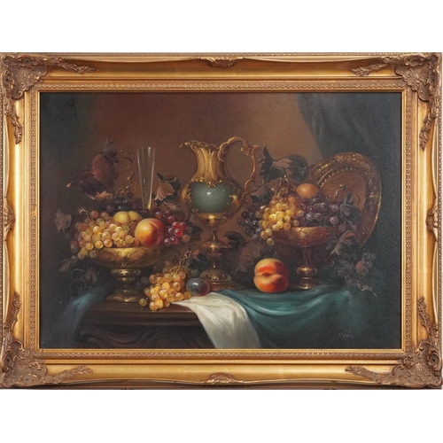 350 - Deak - Still life fruit on a table, Old Master style oil on canvas, in a gilt frame, 70cm x 50cm and... 