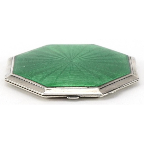 347 - Crisford & Norris Ltd, Art Deco silver and green guilloche enamel compact, Birmingham 1934, 8cm wide... 