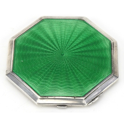 347 - Crisford & Norris Ltd, Art Deco silver and green guilloche enamel compact, Birmingham 1934, 8cm wide... 