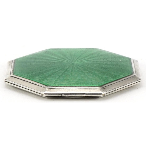 347 - Crisford & Norris Ltd, Art Deco silver and green guilloche enamel compact, Birmingham 1934, 8cm wide... 