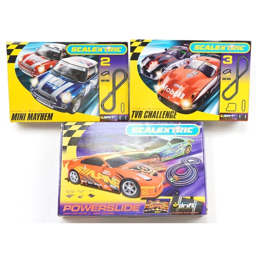 1578 - Three Scalextric 1:32 scale slot car racing sets comprising Mini Mayhem, TVR Challenge and Power Sli... 