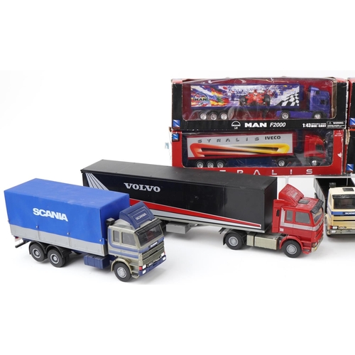 1697 - Collection of model articulated lorries, some with boxes including NewRay Mercedes Benz Iveco, Scani... 