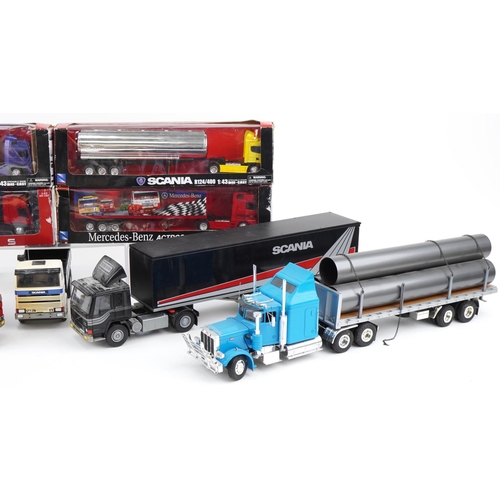 1697 - Collection of model articulated lorries, some with boxes including NewRay Mercedes Benz Iveco, Scani... 