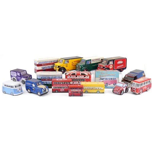 1623A - Large collection of novelty biscuit and chocolate tins in the form of motor vehicles, the largest 32... 