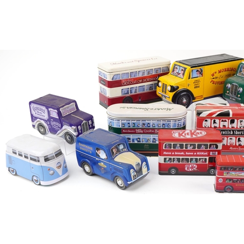 1623A - Large collection of novelty biscuit and chocolate tins in the form of motor vehicles, the largest 32... 