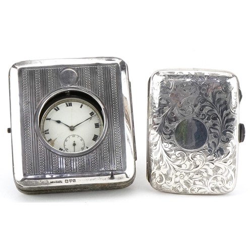 338 - Silver items comprising engine turned silver pocket watch stand with a silver pocket watch and a sil... 