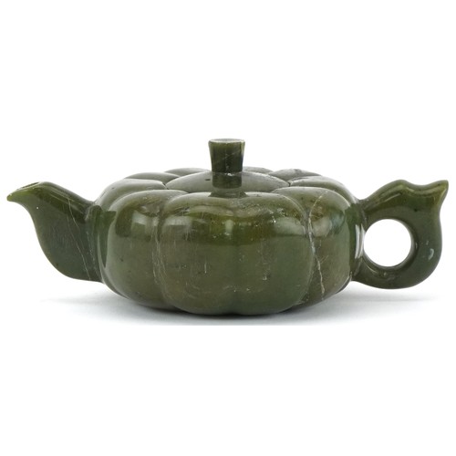 193 - Chinese carved jadeite teapot in the form of a melon, 17cm wide