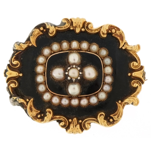 Victorian yellow metal, black enamel, pearl and hairwork mourning brooch having an indistinct 1838 inscription, 5cm wide, 24.0g
