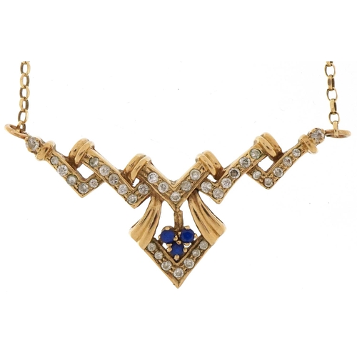 2023 - Art Deco style 9ct gold clear stone and blue spinel necklace, 40cm in length, 6.0g