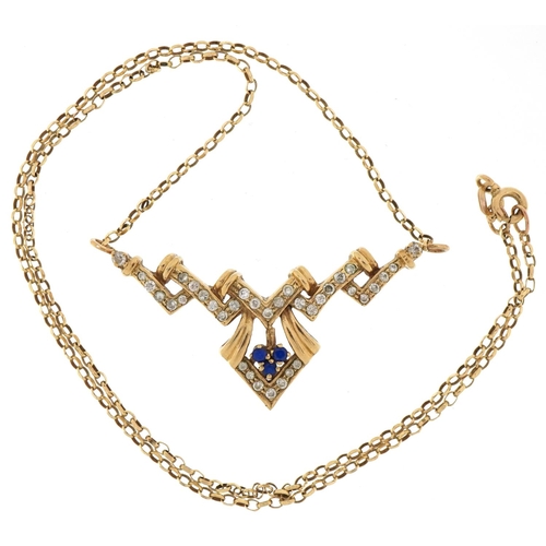 2023 - Art Deco style 9ct gold clear stone and blue spinel necklace, 40cm in length, 6.0g