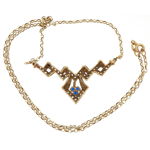 2023 - Art Deco style 9ct gold clear stone and blue spinel necklace, 40cm in length, 6.0g