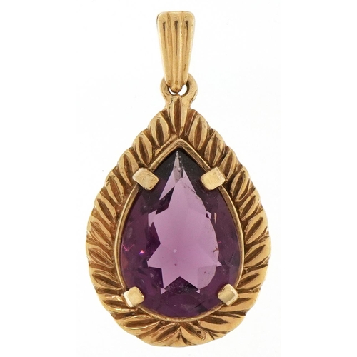 2241 - 9ct gold purple stone teardrop pendant, 2.8cm high, 3.0g