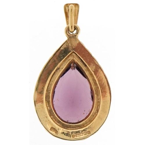 2241 - 9ct gold purple stone teardrop pendant, 2.8cm high, 3.0g