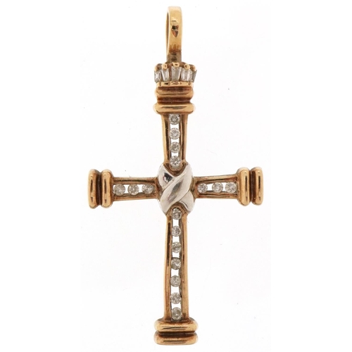 2091 - Renaissance Revival 9ct two tone gold diamond cross pendant stamped 0.27, 4cm high, 3.7g