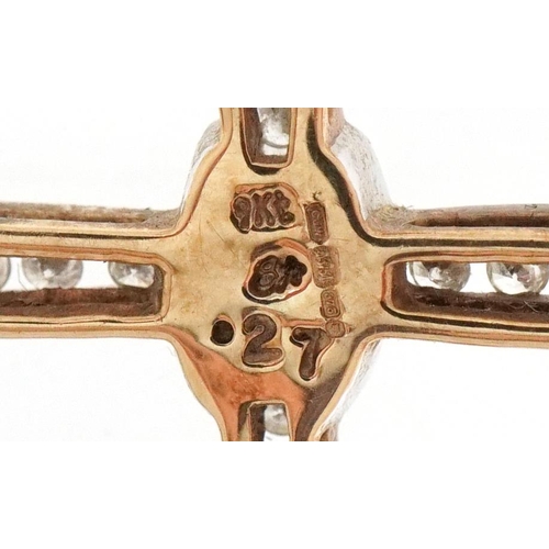 2091 - Renaissance Revival 9ct two tone gold diamond cross pendant stamped 0.27, 4cm high, 3.7g